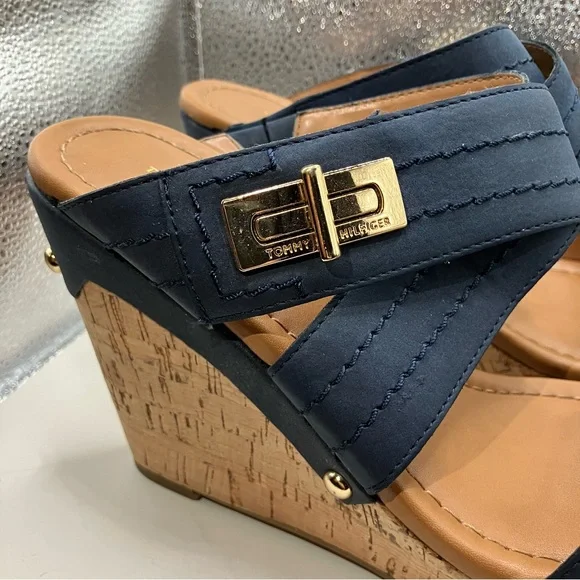 Tommy Hilfiger Navy Blue Mili Cork Wedge Sandal Size 7.5 - Picture 8 of 16